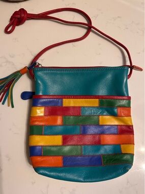 Vintage ILI New York Leather Patchwork Crossbody Bag Colorblock Boho 90s Y2K